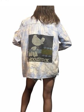 Woodstock hippie upcycled custom flannel shirt graphic tee on back bespoke